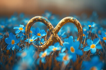 Golden infinity symbol sign with blue wild flowers on spring meadow, representing autism awareness and acceptance movement - obrazy, fototapety, plakaty