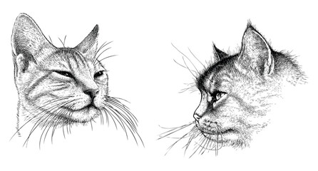 Cat potraits, sketch, animal head, pets, cute, snout, whiskers, realistic, hand drawn illustration, vector, isolated on white