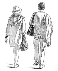 Couple young real people walking together back view sunny day outdoors contour drawing vector hand drawn illustration isolated on white