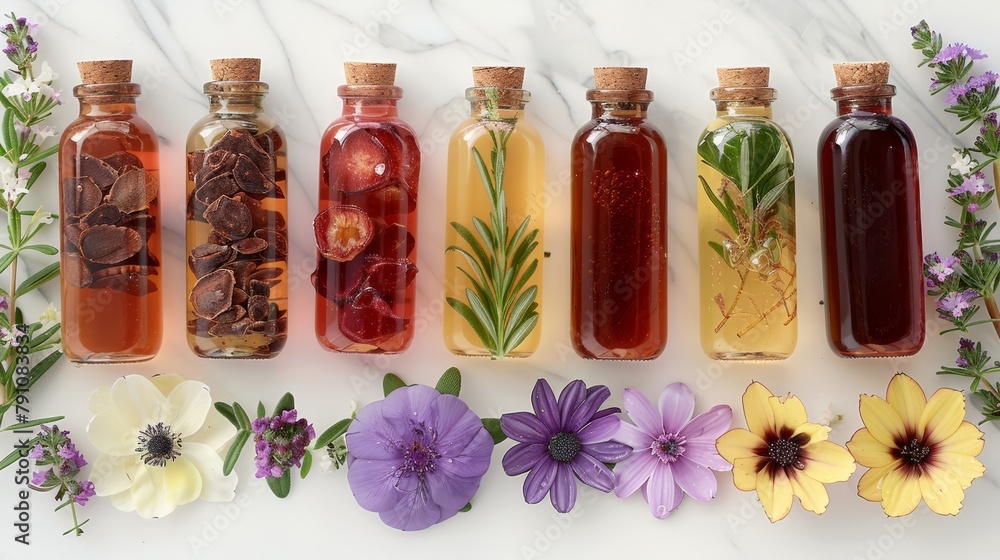 Poster a row of bottles, each filled with distinct liquids, sits atop a pristine white countertop flowers g