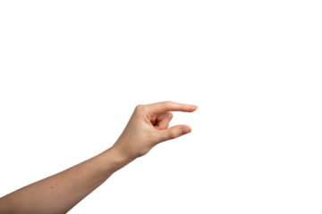 Hand gesture concept. Female arm showing sign, isolated icon of invisible object. Little thumb