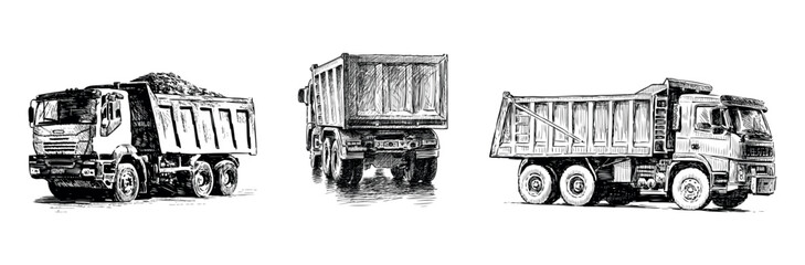 Heavy truck lorry, transportation, industrial, carriage,realistic,profile,back view,sketch vector hand drawn, black and white isolated on white