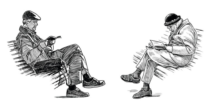 Old people seniors sitting park nench reading books realistic, elderly man woman profile sketch hand drawn vector illustration isolated on white