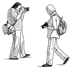 Photographers men, taking picture,camera,realistic, profile, standing,backpack, striding,outline, vector hand drawn illustration isolated on white