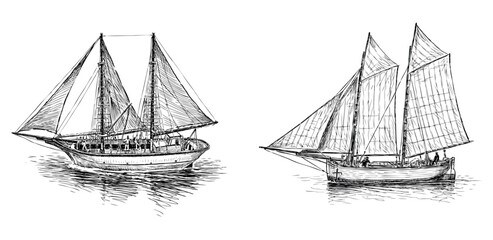 Sailing boat, fishing, sails, retro, sailor, floating,retro,realistic, marine, sketch,vector hand drawn illustration isolated