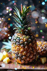 A pineapple is lit up with a candle on top