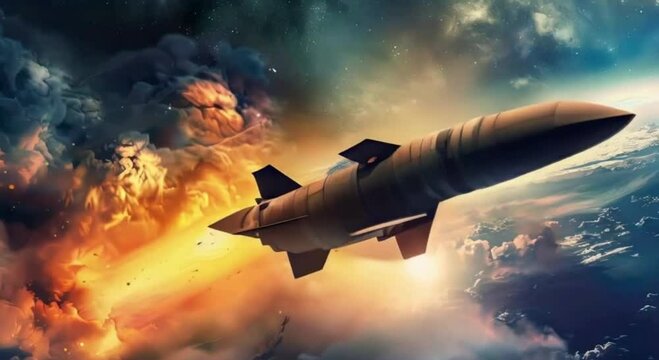 Ballistic Missile Launch Amidst Fiery Sky and Clouds