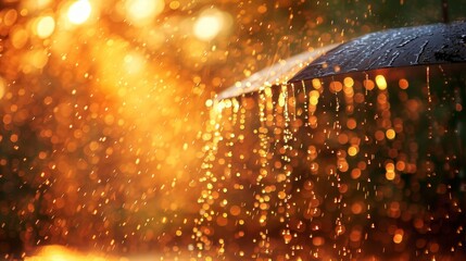   A person tightly gripping an umbrella in the rain, sun illuminating raindrops on its canopy