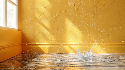   A yellow-walled room's window is spouting water, with a window sill situated across the space - obrazy, fototapety, plakaty
