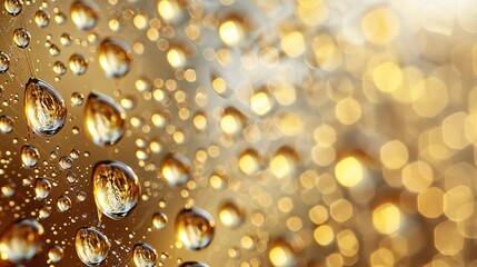   A tight shot of water droplets clinging to a windowpane, backdrop featuring golden and white hues from the bokeh of surrounding light