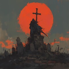 Ominous Sun Eclipse Over Ruined Old Church in Dystopian World - obrazy, fototapety, plakaty