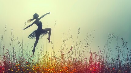   A woman in a black leotard dances among tall grass and wildflowers