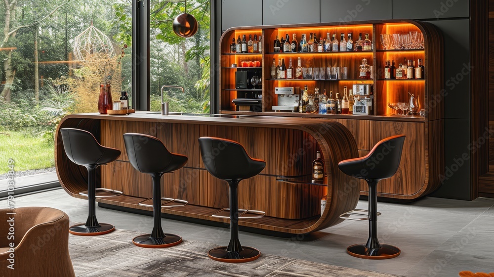 Poster a bar featuring stools and a large window offering an outdoor view
