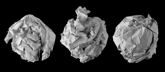 Set crumpled white paper ball isolated on black with clipping path
