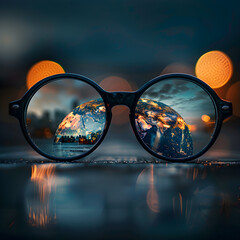 Glasses with World Viewed Inside Frame - obrazy, fototapety, plakaty