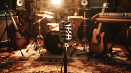 a microphone in the foreground of a rehearsal room