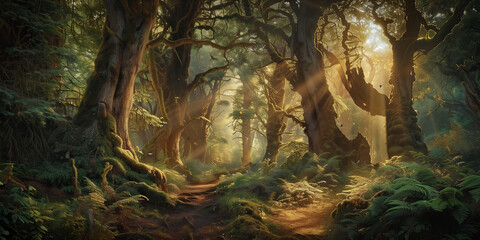 An enchanted forest with rays of sunshine - obrazy, fototapety, plakaty