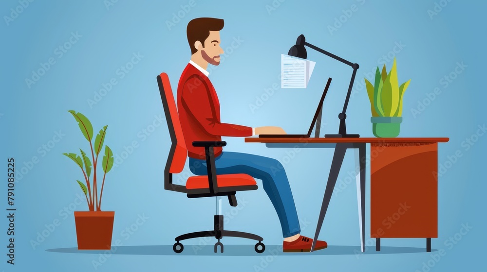 Poster a man sits at a desk, facing a computer a table lamp casts a warm glow on the room in front of him, 