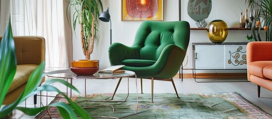 Bright home decor with a green chair, carpet, and couch - obrazy, fototapety, plakaty