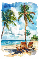Watercolor painting of a chair under a coconut tree on the beach.