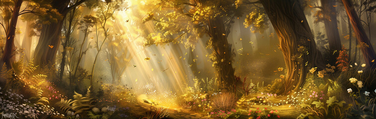 An enchanted forest with rays of sunshine