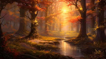 Autumn forest with colorful trees and a pond, 3d render