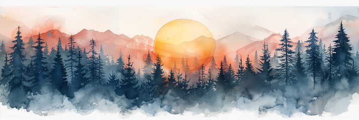 Watercolor painting of pine forest during sunset.