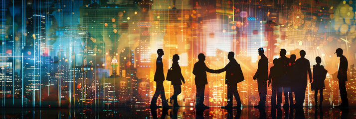 Silhouettes of business people on a colourful background
