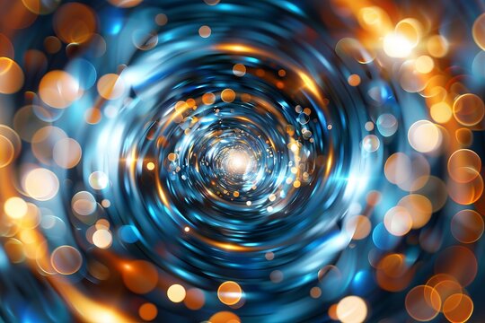 A blue and gold spiral with light rays.