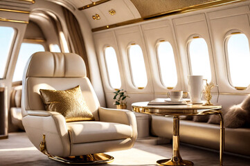 Comfortable chic decor salon private jet with laptop, book, coffee cup on table. Luxury vip business airplane interior, at highest. Quality service in aviation industry concept. Copy ad text space