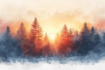 Watercolor painting of pine forest during sunset.