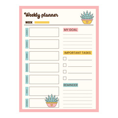 Weekly planner page with date, reminder, goal, important task. Weekly notes page. Vector illustration.