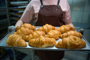 Female holding baking sheet with freshly baked buttery croissants