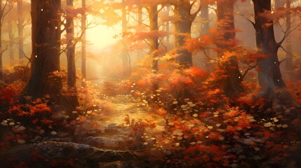 Autumn forest in a fog at sunrise. Panoramic image.