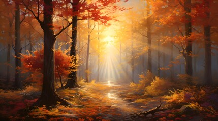 Autumn forest with fog and sunbeams - 3d render