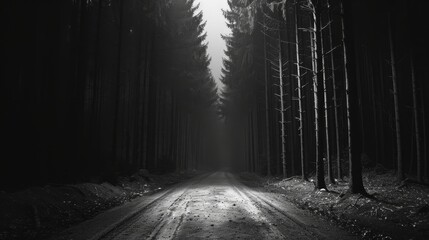 Serenely driving at night through enchanting alleyway surrounded by towering trees - obrazy, fototapety, plakaty
