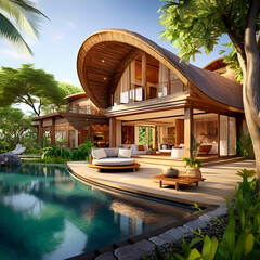 A stunning eco-friendly villa with a unique curved wooden design, surrounded by lush greenery and an inviting infinity pool, perfect for sustainable luxury living. - obrazy, fototapety, plakaty