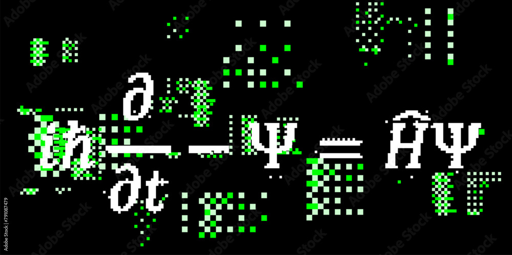 Poster schrodinger equation surrounded by pixel glitches and particles on a dark background. conceptual vec