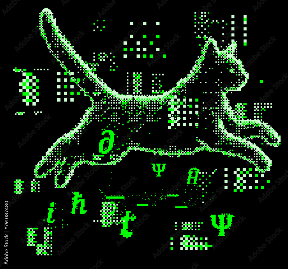 Poster vector illustration of schrodinger cat in pixel art futuristic style. the concept of virtual reality