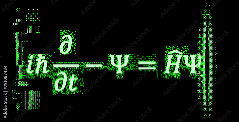 Poster schrodinger equation surrounded by pixel glitches and particles on a dark background. conceptual vec