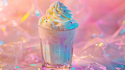 A colorful milkshake with whipped cream topping and sprinkles - obrazy, fototapety, plakaty
