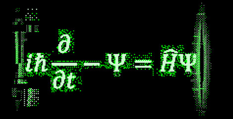 Schrodinger equation surrounded by pixel glitches and particles on a dark background. Conceptual vector illustration of  linear partial differential equation  of quantum-mechanical system.