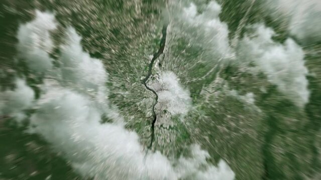 Zooming on Philadelphia, US. Earth zoom in from outer space to city. The animation continues by zoom out through clouds and atmosphere into space. View of the Earth at night. Images from NASA. 4K