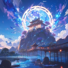 Majestic Chinese Pavilion under a Mystical Full Moon - obrazy, fototapety, plakaty