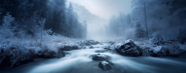 A serene river flows through misty rocks and lush greenery under a soft sunrise glow