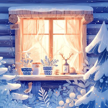 A serene illustration of a cabin's window during a snowy winter, inviting warmth and tranquility.