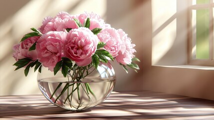   A vase, brimming with pink blooms, atop a table near a sunlit window Sunlight streams in, illuminating the flowers