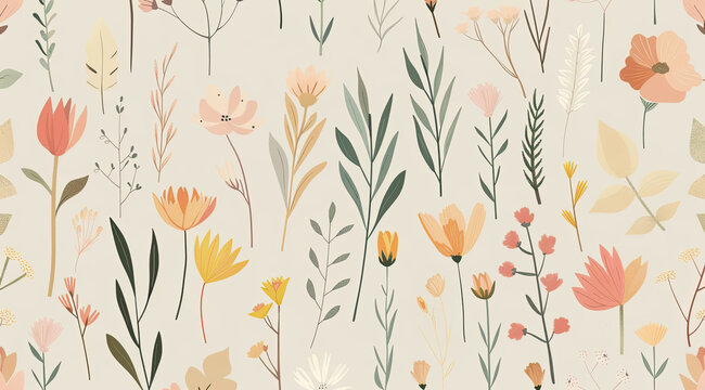 Spring Floral Pattern With Pastel Colors and Nature Motifs