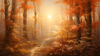 Autumn forest in fog at sunrise. Panoramic view.