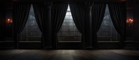 Dark room with velvet curtains and chandelier - obrazy, fototapety, plakaty